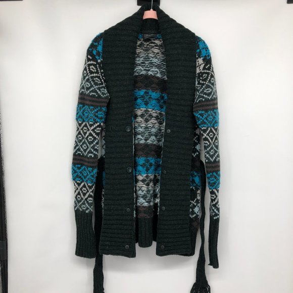 Peak Performance Blue Grey Multicolor Argyle Sweater Cardigan waist tie size M - Picture 16 of 16